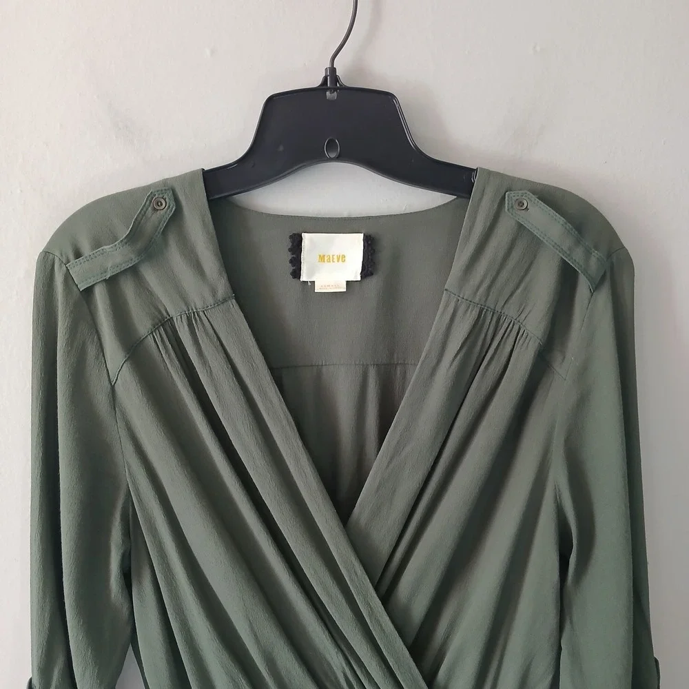 Maeve Women's Size XS Olive Green Faux Wrap Midi Dress Zip Pockets Roll-Tab - Picture 3 of 12